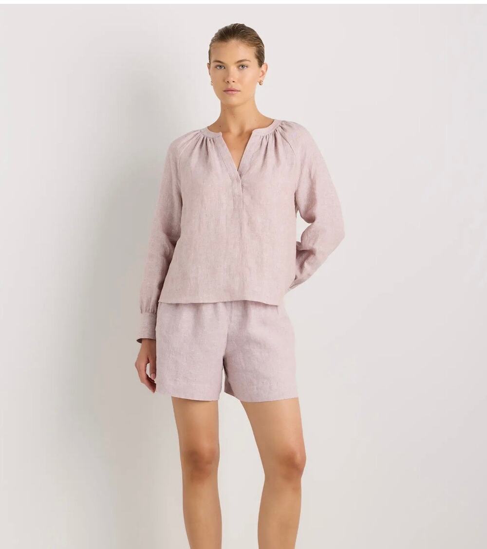Quince 100% European Linen Peasant Top Vintage Pink Chambray Sz XS Casual